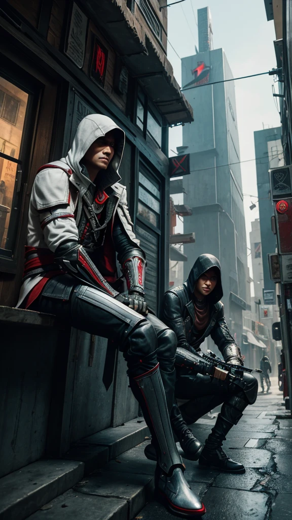 Two Cyberpunk Assassin's Creed Holding swords, Sitting on the rafters on the wall on the restaurant street on a modern street. Robots work everywhere. Modern weapons. Modern red suit. Electronic city. Modern weapons. White suit. Hold the blade. Metal robot arm. Hold the gun. Many people pass by.