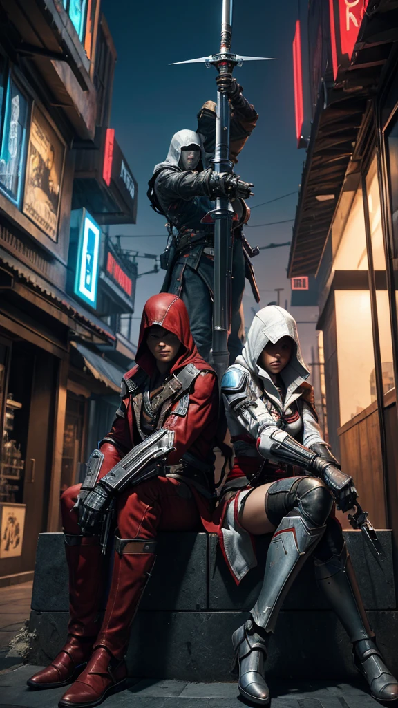Two Cyberpunk Assassin's Creed Holding swords, Sitting super cool on the rafters on the wall on the restaurant street on a modern street. Robots work everywhere. Modern weapons. Modern red suit. Electronic city. Modern weapons. White suit. Hold the blade. Metal robot arm. Hold the gun.