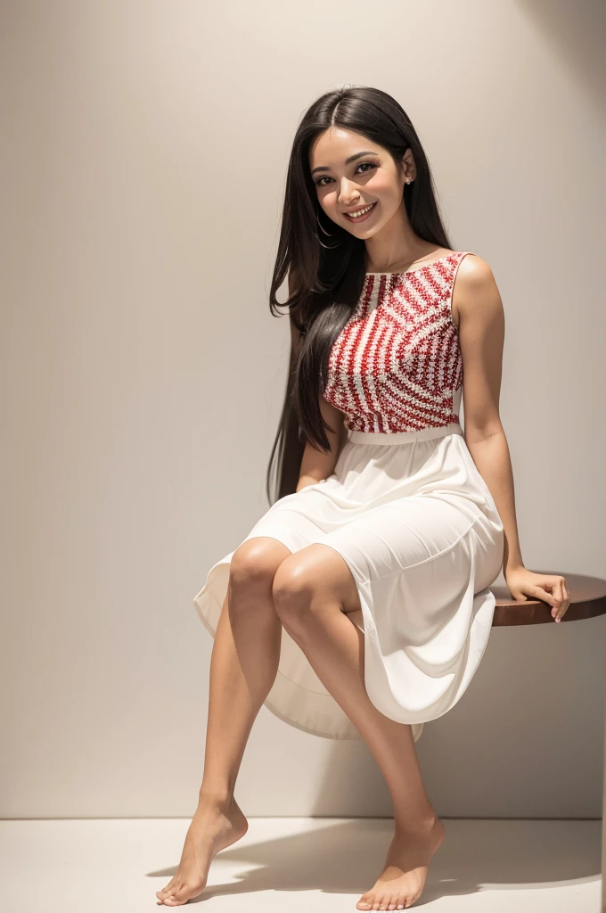 create a 28 year old Brazilian woman, standing model, posing sitting, Brown skin, long black hair, barefoot, white backdrop, wearing a short red and white min dress, full body, smiling,