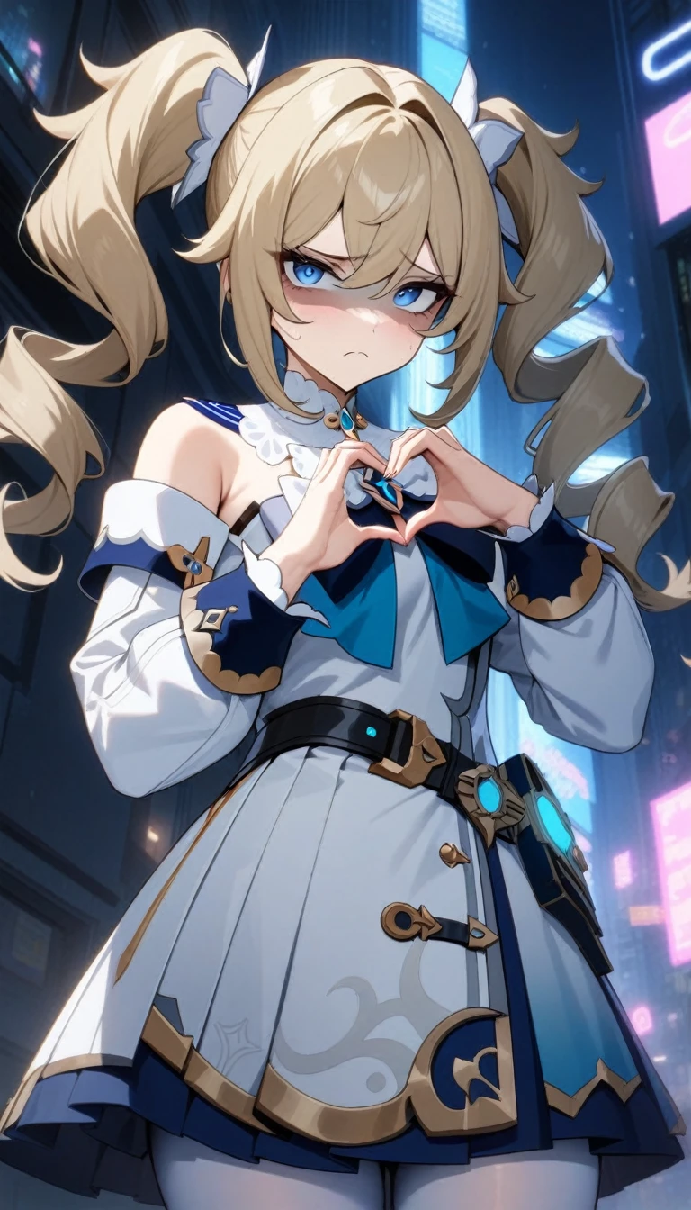 masterpiece, best quality, very aesthetic, absurdres, newest,1girl,upper body, (contempt, disgust,shaded face,looking at viewer,frown),heart-shaped gesture,,barbara_(genshin_impact), genshin_impact, 1girl, bare_shoulders, blonde_hair, blue_eyes, detached_sleeves, dress, drill_hair, hair_between_eyes, long_hair, long_sleeves,pantyhose, solo, twin_drills, twintails, white_dress, white_pantyhose,,Cyberpunk City, Street, Night, neon light, neon sign,