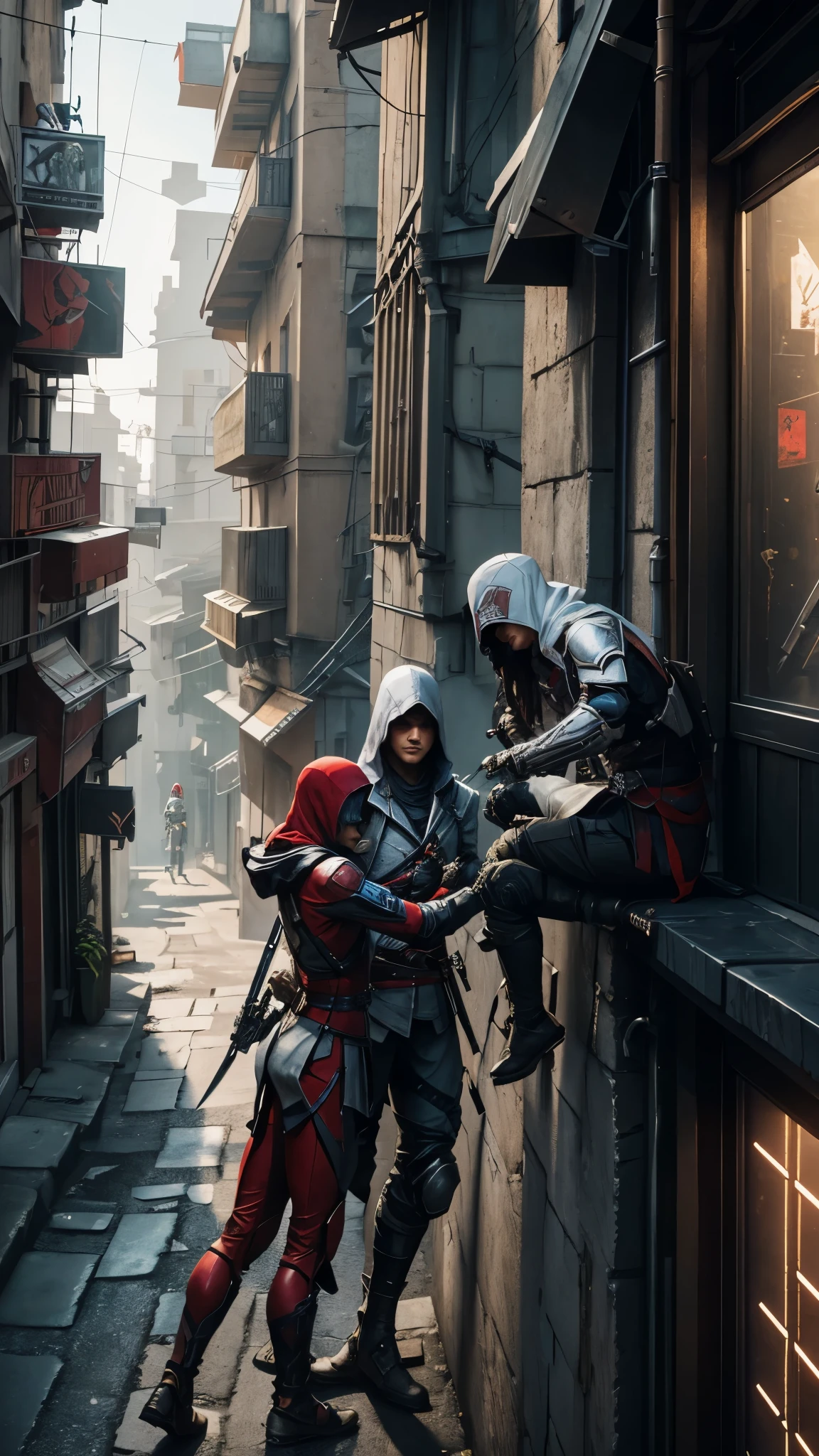 Two Cyberpunk Assassin's Creed Holding a sword, Climb on the rafters on the wall on the restaurant street on a modern street. Robots work everywhere. Modern weapons. Modern red suit. Electronic city. Modern weapons. White suit. Hold the blade.Metal robot arm.
Hold gun.
