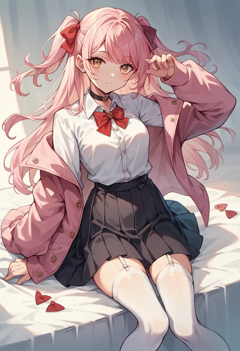 aanazuna, two side up, multicolored hair, choker, red bow, white shirt, pink jacket, open clothes, long sleeves, black skirt, pleated skirt, garter straps, white thighhighs, bottomless