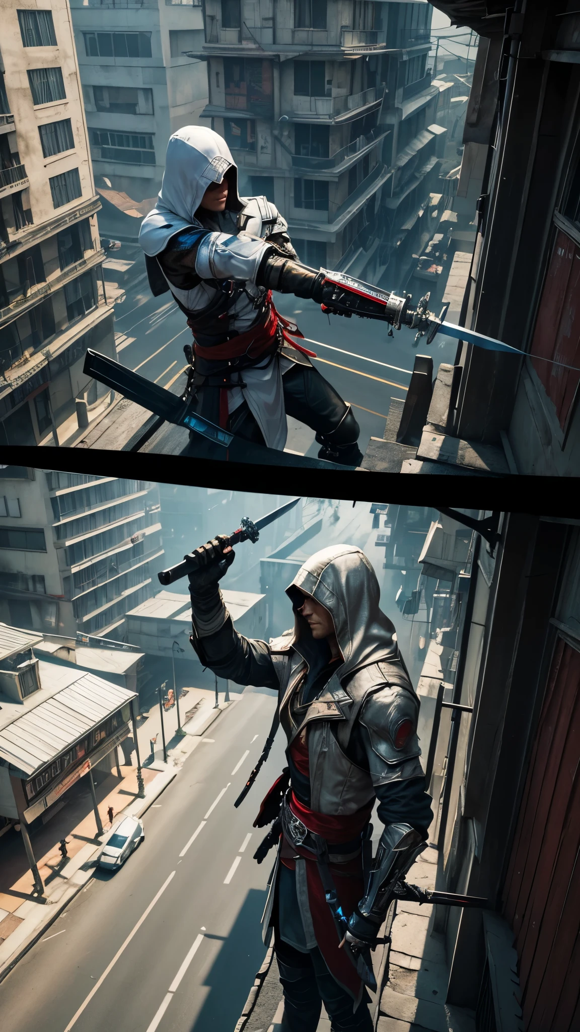 Two Cyberpunk Assassin's Creed Holding a sword, Climb on the rafters on the wall on the restaurant street on a modern street. Robots work everywhere. Modern weapons. Modern red suit. Electronic city. Modern weapons. White suit. Hold the blade.Metal robot arm.
Hold gun.