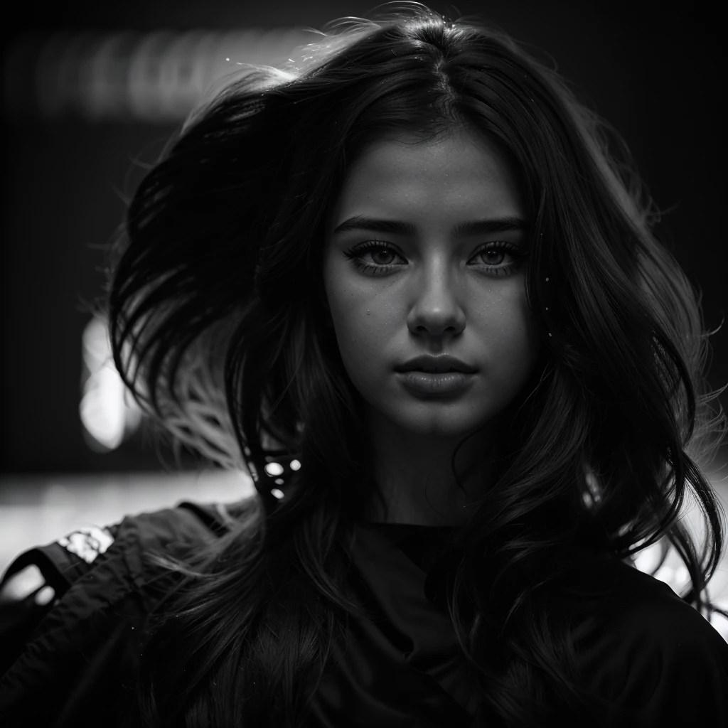 Adriana Lima, thick brown hair, chaude menue, Fille ukrainienne, Wavy brown hair, Dasha Taran, jolie belle brune, (solo one girl : 2.0),(realistic:1.3), finely detailed, quality, (masterpiece:1.2), (photorealistic:1.2), (best quality), (detailed skin:1.3), (intricate details), dramatic, 1girl, 21 years old, detailed skin texture, (blush:0.5), (goosebumps:0.5), serious expression, hair between eyes, close up portrait shot, dark background, (detailed shadows, monochrome, black and white photo, silhouette, spotlight, dark theme:1.4),