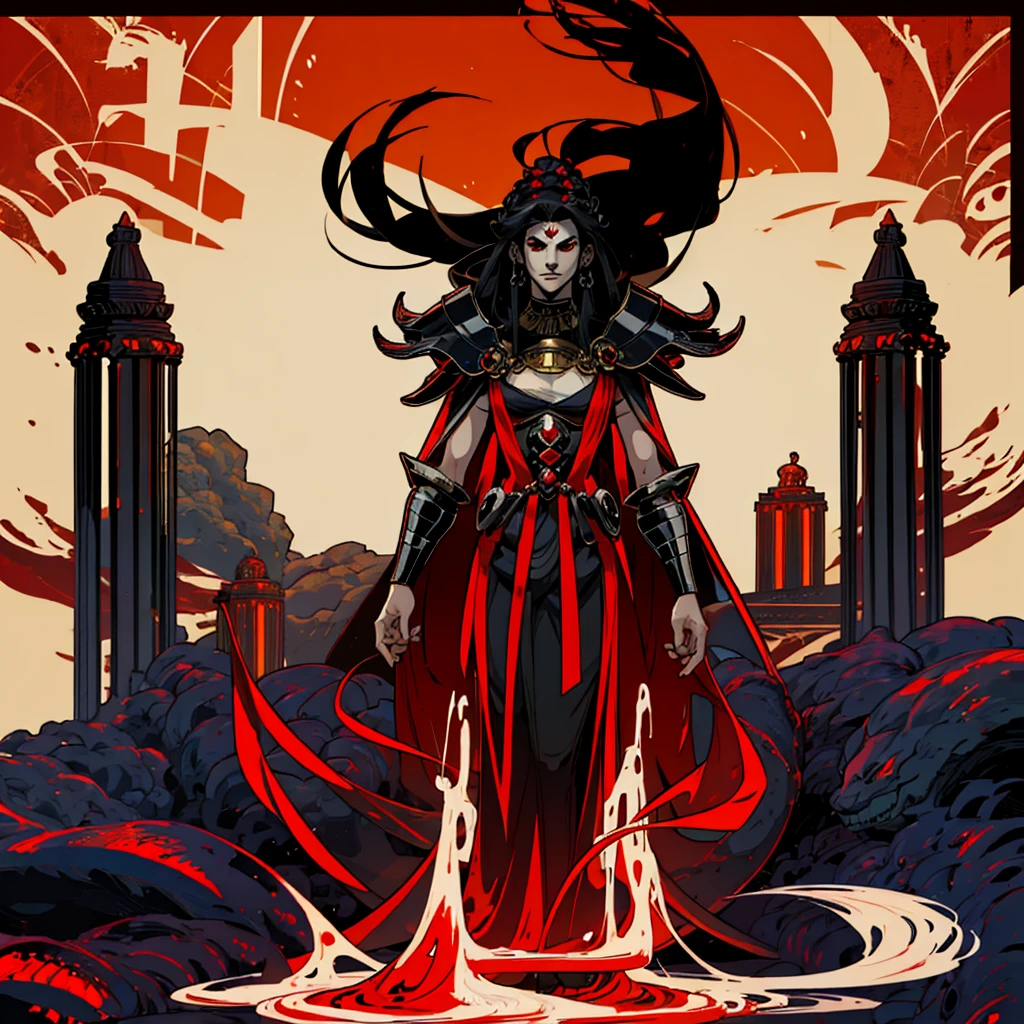 1girl, alone, 25 years old, grand, tall, black hair, red eyes, insister sur les reflets des yeux rouges, (high quality:2), cheveux noirs, long hair, boss, black outfit, black clothes, black pants, masculine clothes, masculine outfit, frowning, hades style, hades game, Jen zee style, greek themed image, greek background, thanatos, tartarus scenery, fumes, black clouds, greek columns in background, lots of columns, greek architecture, white themed image, white furniture, red touches of color, orange walls, looking at viewer, holding the stygian blade hades game wiki, hades, game, wiki, obols, stygius, Eris inspiration, Alecto, Charon, Hecate, Hades character, Meg, Megara, Megaera, Moros, Nemesis, armor, Nemesis armor, Tisiphone, character centered, focus on character, clear face, clear eyes