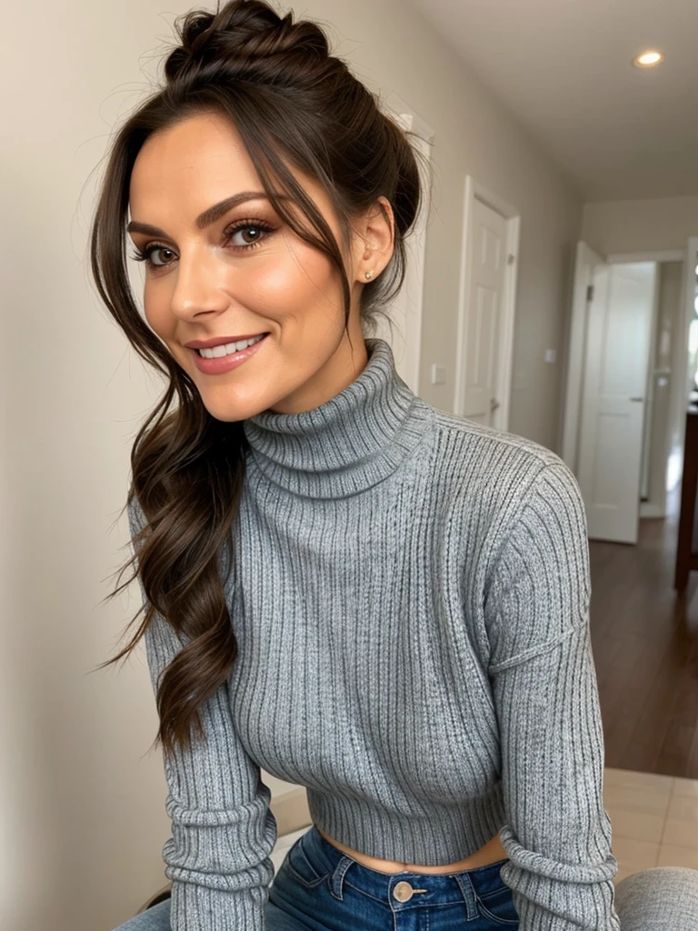 photo of a skinny very old wrinkly-faced faced mature brunette prostitute with fake eyelashes and plump-enhanced lips, messy long hair thrown into a messy bun ponytail. She wears: (turtleneck soft high ribbed expensive super tight sweater:1.1), submissive seductive pose, high tight ribbed neck, seductive smile, perfect fake tits, horny eager granny, russian pornstar wife