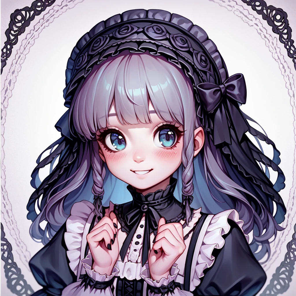 1girl. cutestyl3, cute, Gothic clothing, ****ta, halfbody, smile, blush, portrait ,hand on ches