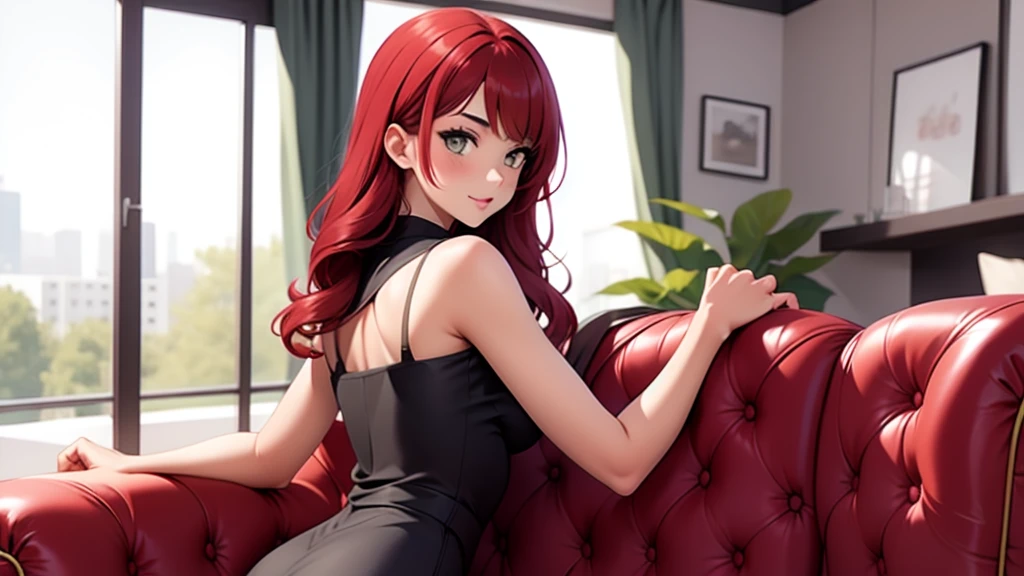 girl possesses long, flowing gray hair in stunning shades of blended. Paired with a girl with red hair in an anime-style setting in sofa at home