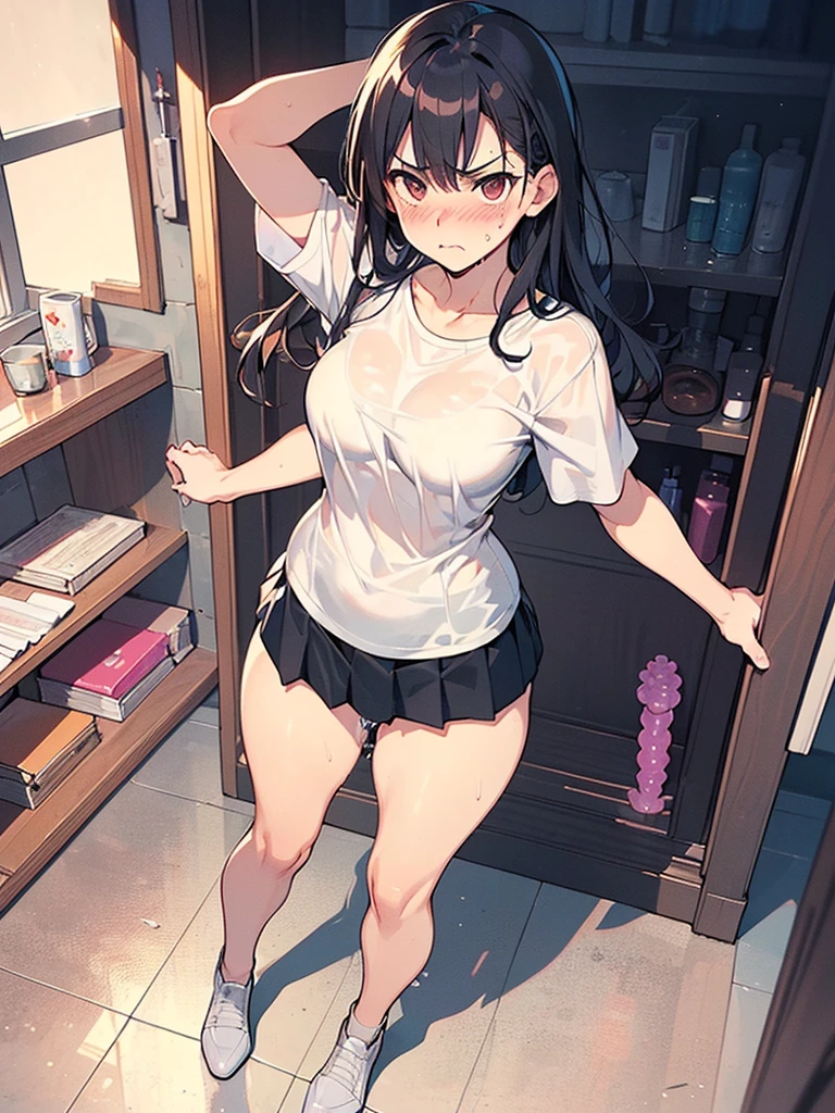 (((((Dildo on the floor:1.5, standing, spread legs:1.5, Point your knees outwards:1.5 ) behind head,spread legs, Push your hips forward,pussy juice , Voluptuous body, Slut、No pants, (Dildo on the floor, standing, spread,arms behind head, Point your knees outwards:1.5, Sweat,)))), Realistic composition, Doujinshi scene,, Big Thighs, Pleated skirt, White Shirt, Angry face, blush, from below