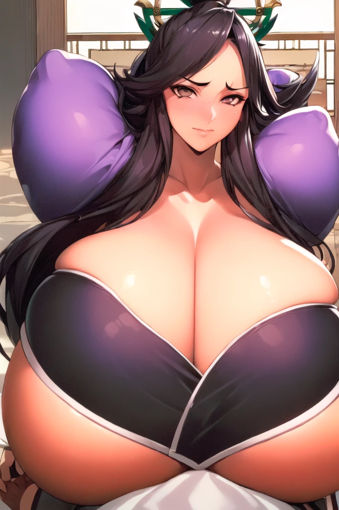 east asian architecture,
kimono, purple kimono with a flowered design on it,japanese clothes,open clothes, long ,
black hair,low ponytail,bangs,brown eyes,
1 girl, 40yo, mature f Beautiful long legs, fat legs, Beautiful body,Beautiful Nose,Beautiful character design, perfect eyes, perfect face,expressive eyes,perfect balance, (gigantic huge breasts:2.2), ing areola:1.6),
lookingewer,(Focus on her face),closed mouth, (innocent_big_eyes:1.0),embarrassed, Worried,
official art,extremely detailed CG unity 8k wallpaper, perfect lighting,Colorful, Bright_Front_face_Lighting,White skin,
(masterpiece:1.0),(best_quality:1.0), ultra high res,4K,ultra-detailed,
photography, 8K, HDR, highres, absurdres:1.2, Kodak portra 400, film grain, blurry background, bokeh:1.2, lens flare, (vibrant_color:1.2),professional photograph, (beautiful_face:1.5),(narrow_waist), full length