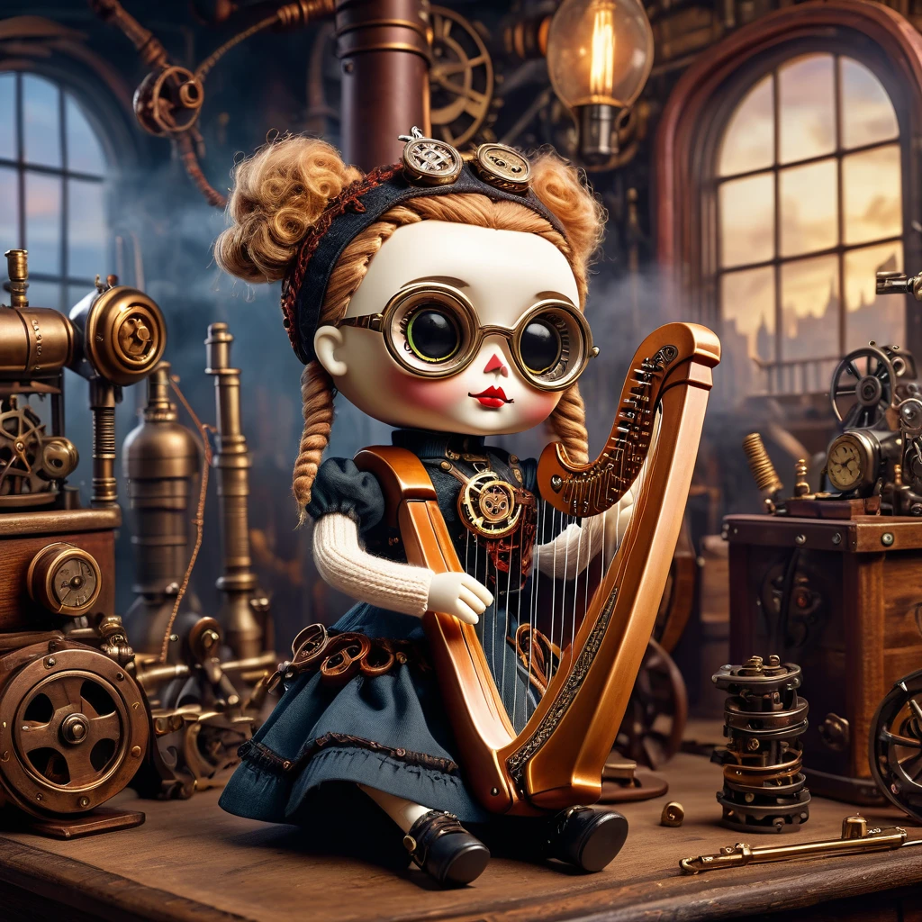 (voodoo doll playing knitted harp:1.2), (Voodoo Steampunk:1.3), (Clothes: leather corset, aviator glasses, Gears and mechanical parts:1.0), (in the background steam engines, airships and Victorian buildings: 1.2), Best Quality, Artwork, Detailed Soft Oil Painting, Detailed Background, Dramatic Cinematic Lighting, Soft Edge Lighting, Professional, Dramatic Lighting, Hard Edge Lighting, Ultra Quality, 4K, Artwork, Best Quality, 8K, ultra-high definition, high resolution, extremely detailed