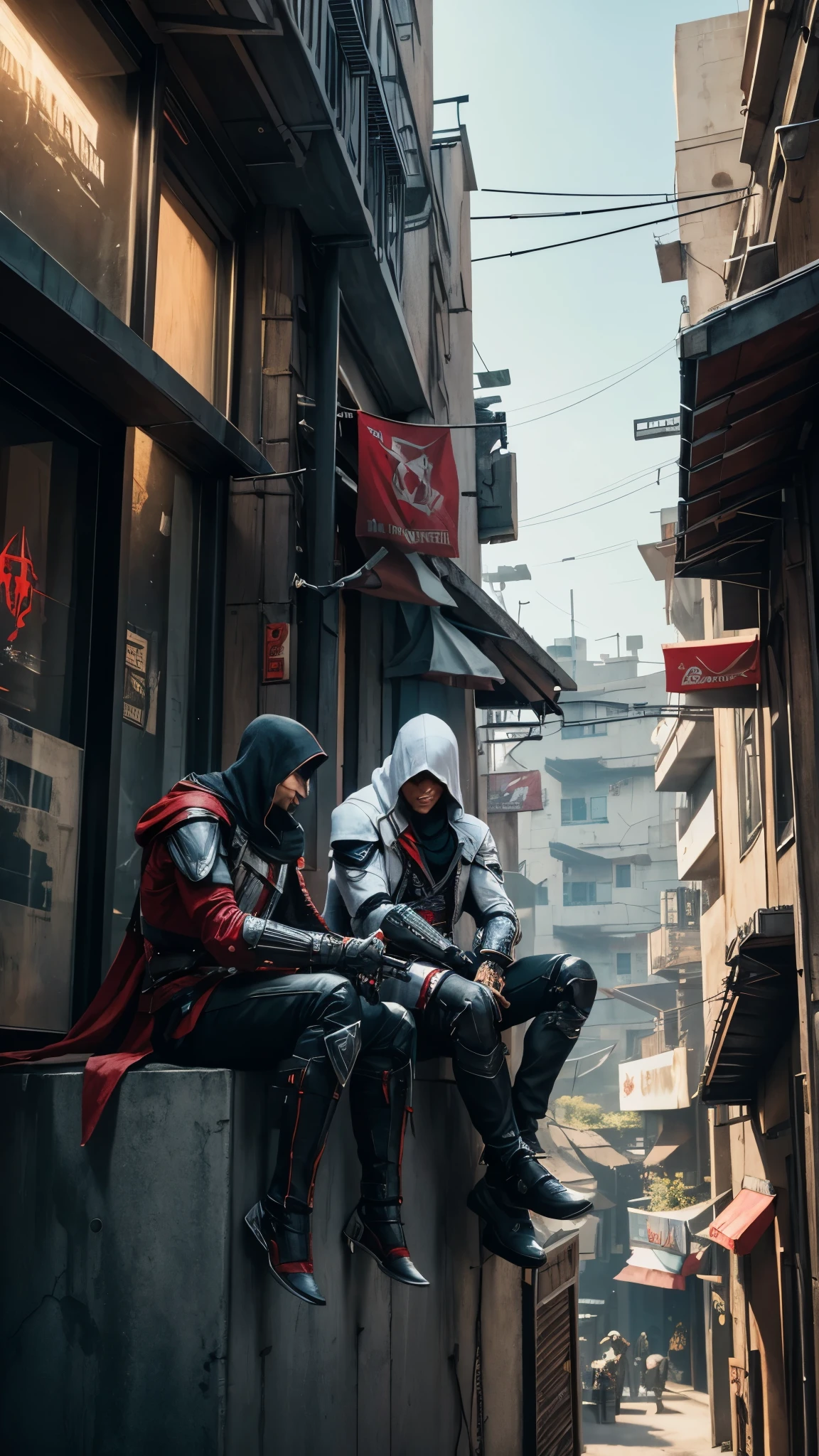 Two Cyberpunk Assassin's Creed Holding swords, Sitting super cool on the rafters on the wall on the restaurant street on a modern street. Robots work everywhere. Modern weapons. Modern red suit. Electronic city. Modern weapons. White suit. Hold the blade. Metal robot arm. Hold the gun.