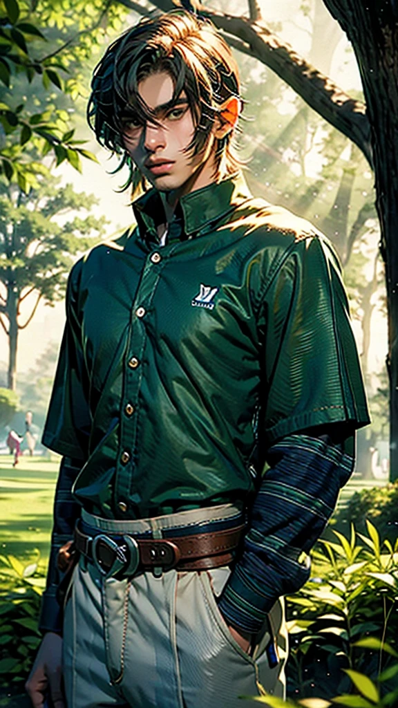 handsome black-haired teenager with brown eyes in a green shirt in a park manhandsome black-haired teenager with brown eyes in a green shirt in a park man