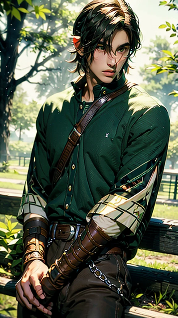 handsome black-haired teenager with brown eyes in a green shirt in a park manhandsome black-haired teenager with brown eyes in a green shirt in a park man