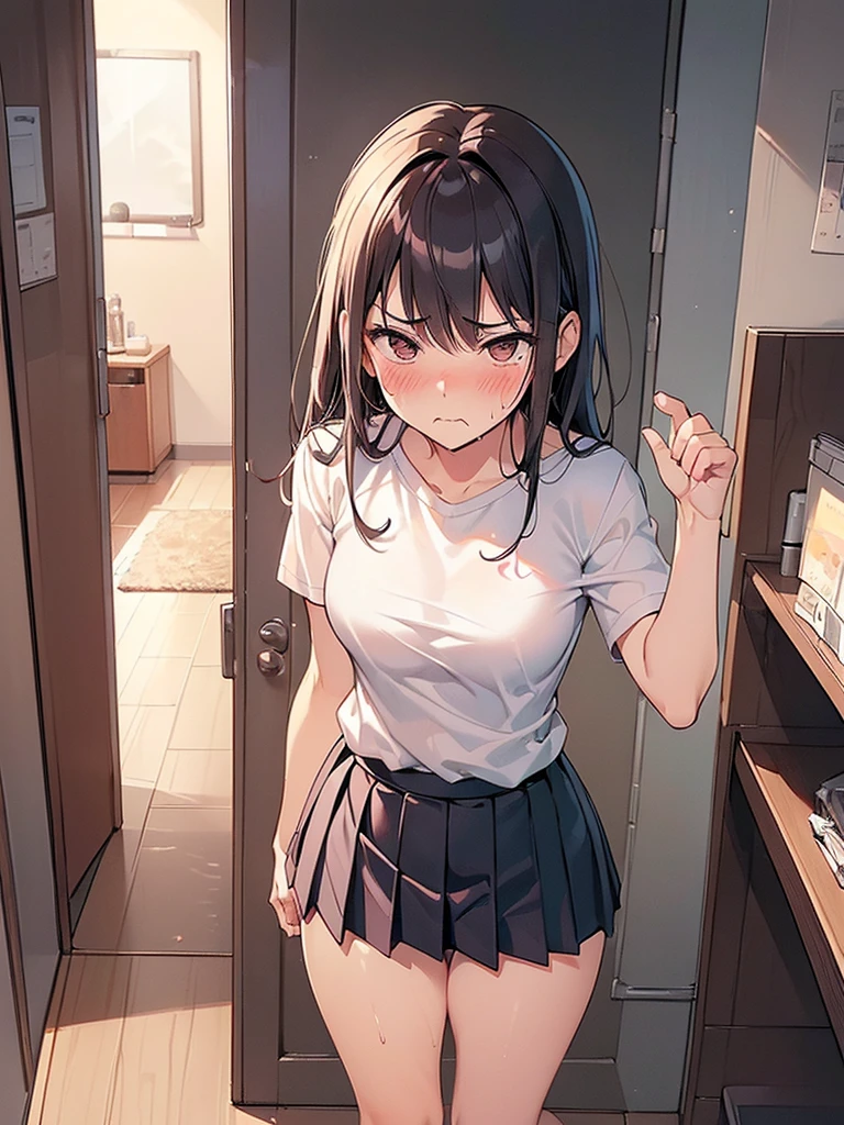(((((Dildo on the floor:1.5, standing, spread legs:1.5, Point your knees outwards:1.5 ) behind head,spread legs, Push your hips forward,pussy juice , Voluptuous body, Slut、No pants, (Dildo on the floor, standing, spread,arms behind head, Point your knees outwards:1.5, Sweat,)))), Realistic composition, Doujinshi scene,, Big Thighs, Pleated skirt, White Shirt, Angry face, blush, from below