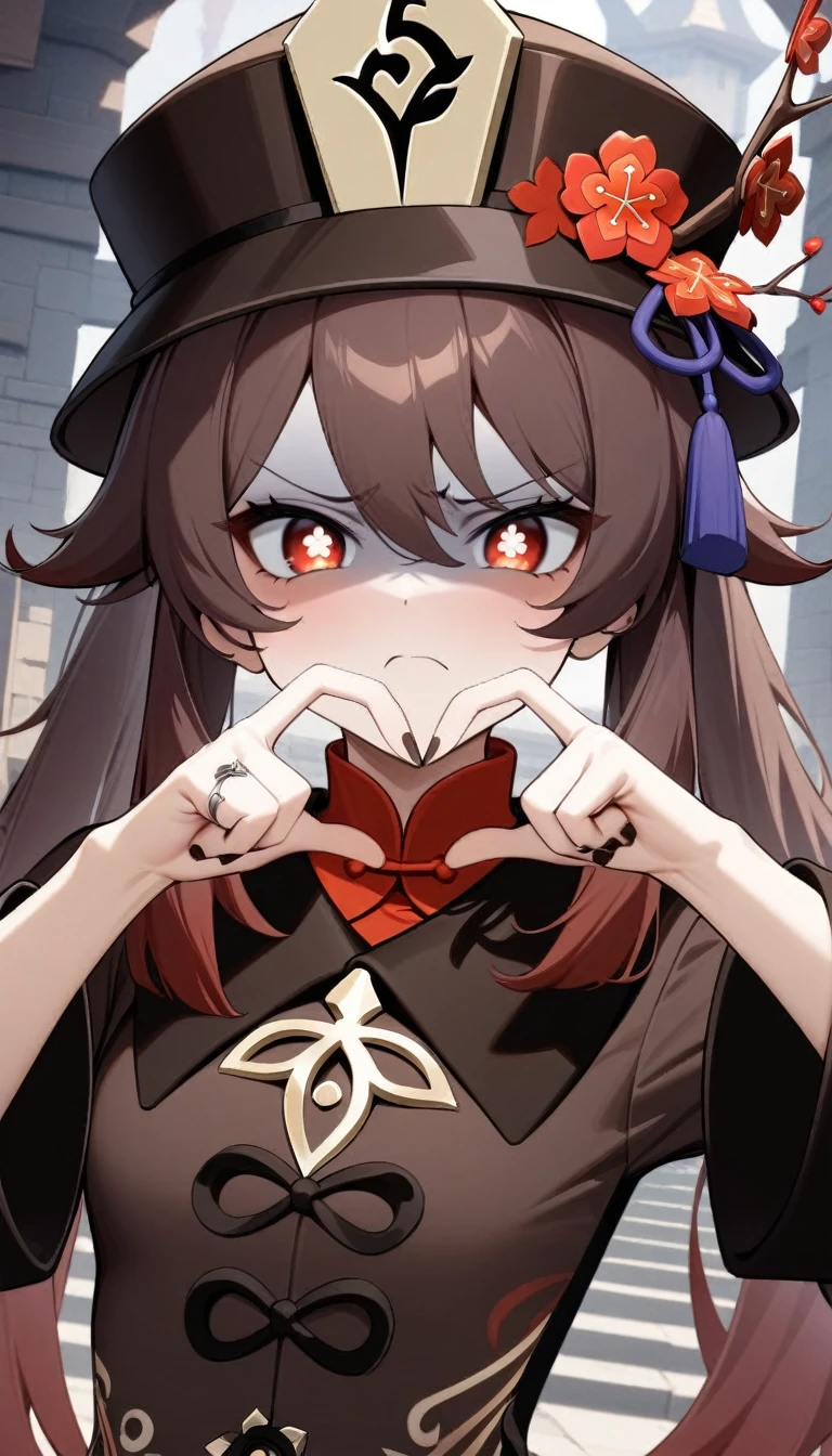 masterpiece, best quality, very aesthetic, absurdres, newest,1girl,upper body, (contempt, disgust,shaded face,looking at viewer,frown),heart-shaped gesture,,hu_tao(genshin impact),hu tao, long brown hair, red eyes, twin tails, small breasts, hat, Chinese clothing, white socks,,in a castle