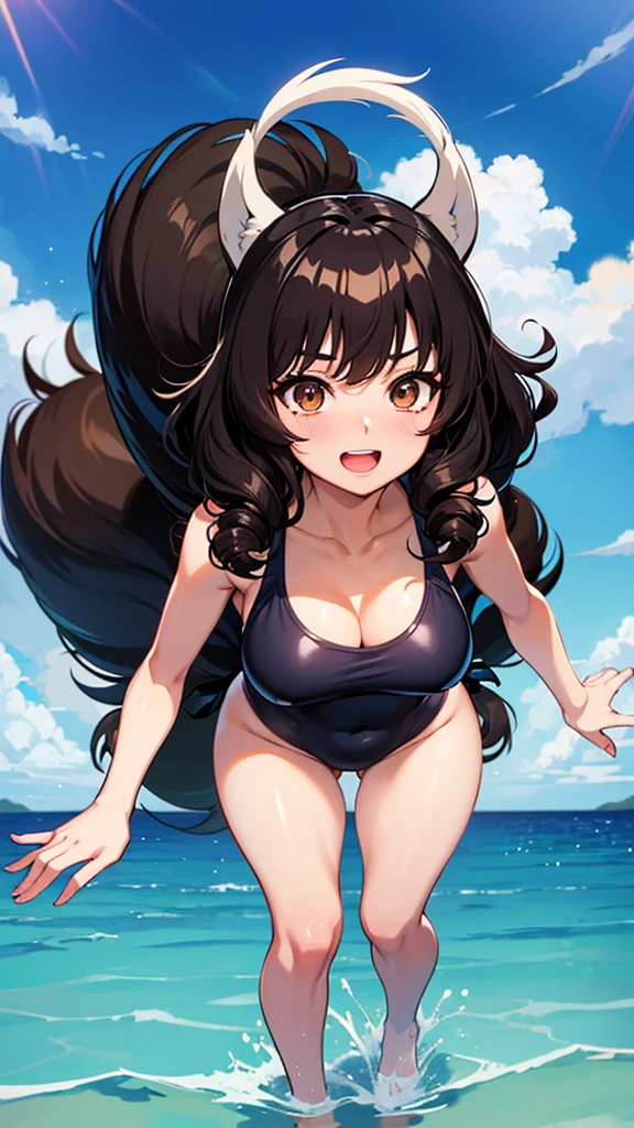 Black hair, anime, ghibli, anime style, back shot photo, skunk girl, skunk human girl, first-person perspective, 8k, super detail, masterpiece,super detail, high quality, high resolution, high detail, sandy beach, , happiness, curly hair, brown eyes, wearing blue and white swimsuit