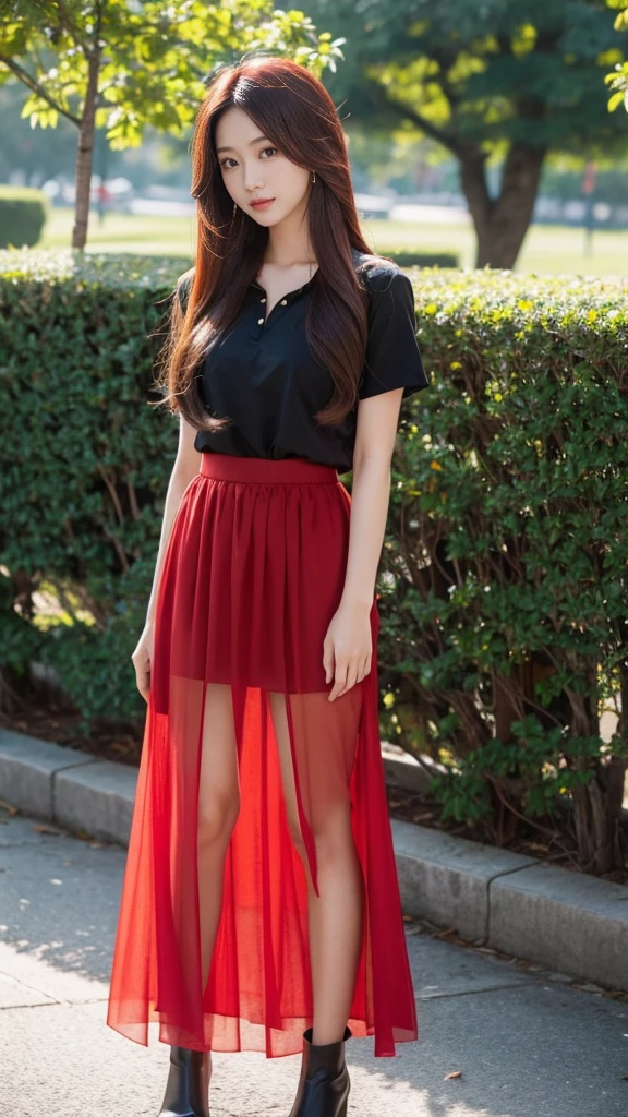 Asian Beauty。Red long hair。Transparent skirt。