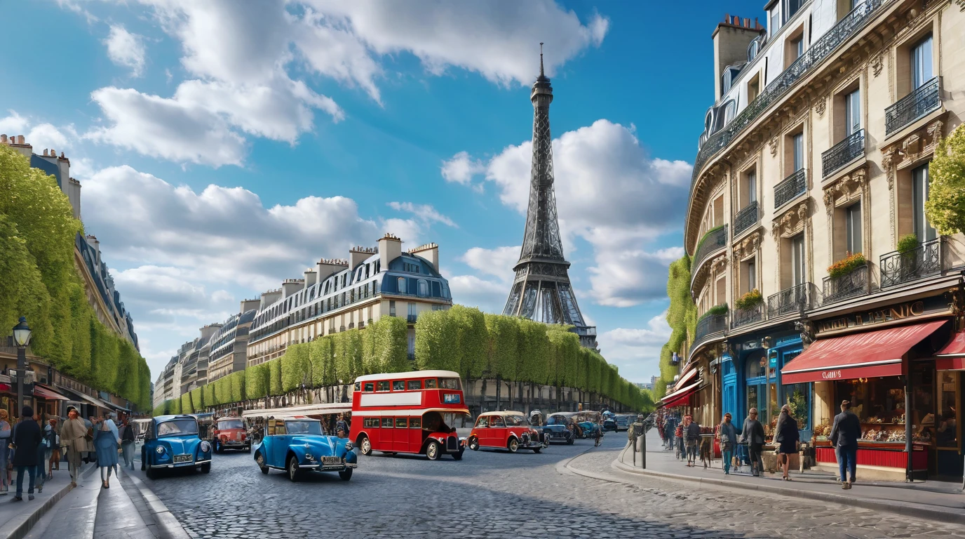 stunning detailed cityscape of paris france, 1paris street, eiffel tower, river seine, detailed architecture, beautiful detailed buildings, ornate streetlamps, cobblestone roads, bustling crowd, people walking, vintage cars, blue sky, fluffy clouds, natural lighting, vibrant colors, cinematic, highly detailed, photorealistic, 8k, masterpiece