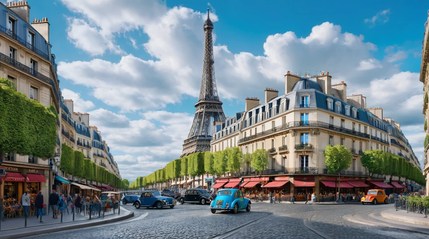 stunning detailed cityscape of paris france, 1paris street, eiffel tower, river seine, detailed architecture, beautiful detailed buildings, ornate streetlamps, cobblestone roads, bustling crowd, people walking, vintage cars, blue sky, fluffy clouds, natural lighting, vibrant colors, cinematic, highly detailed, photorealistic, 8k, masterpiece