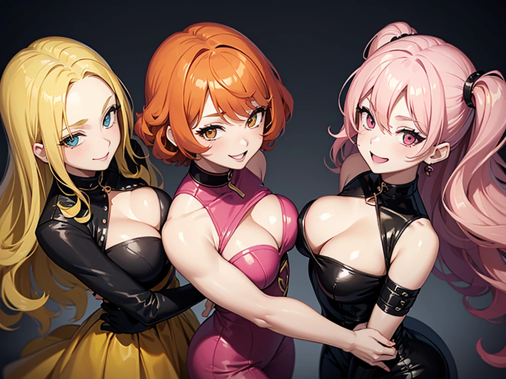 two sexy bubbly and cheerful women in goth outfits, short, vibrant curly orange hair with highlights of pink, holding 4 boy with blonde hair between them, flirtatious smiles, looking at camera, view from above