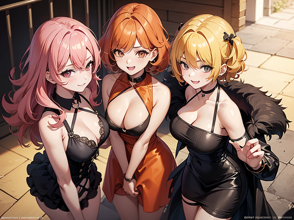 two sexy bubbly and cheerful women in goth outfits, short, vibrant curly orange hair with highlights of pink, holding boy with blonde hair between them, flirtatious smiles, looking at camera, view from above