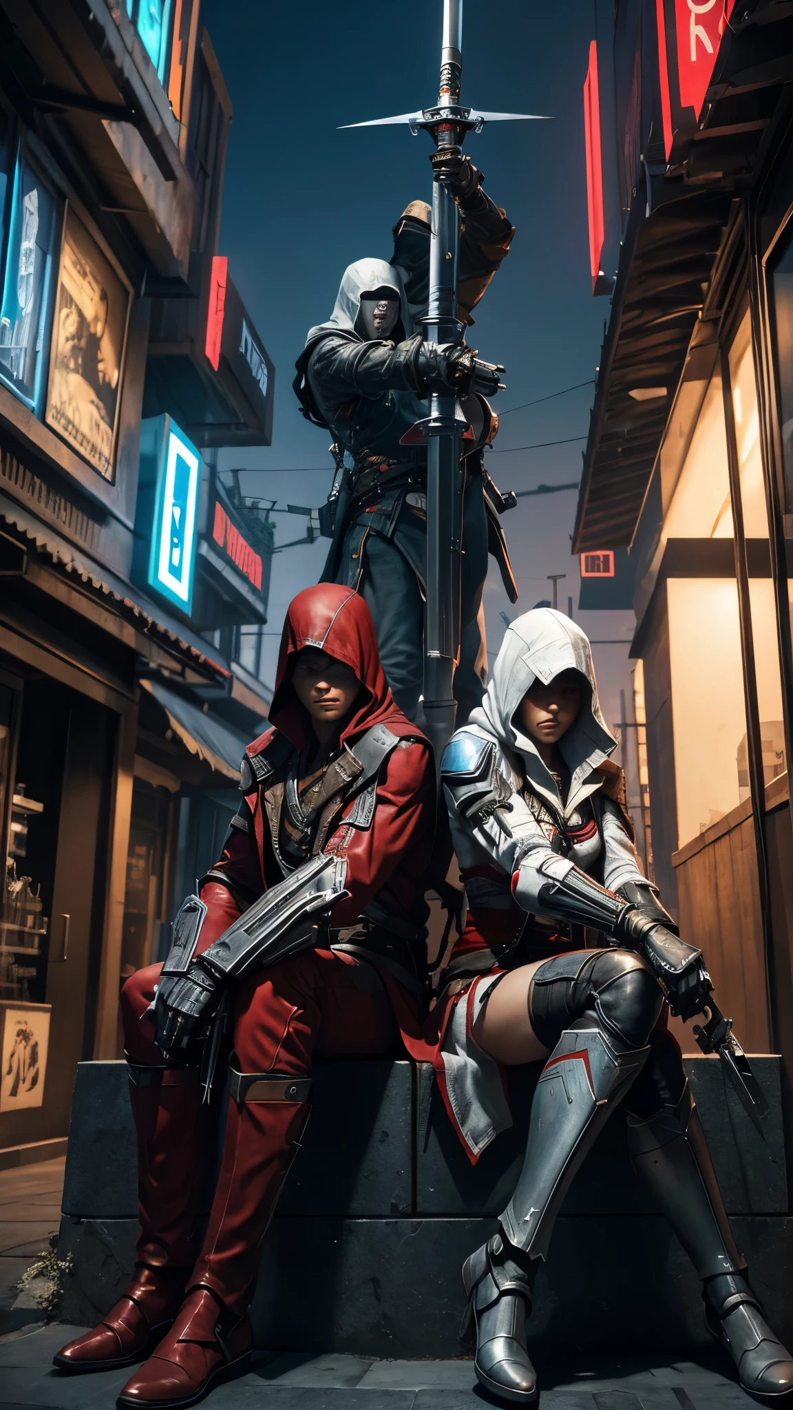 Two Cyberpunk Assassin's Creed Holding swords, Sitting super cool on the rafters on the wall on the restaurant street on a modern street. Robots work everywhere. Modern weapons. Modern red suit. Electronic city. Modern weapons. White suit. Hold the blade. Metal robot arm. Hold the gun.