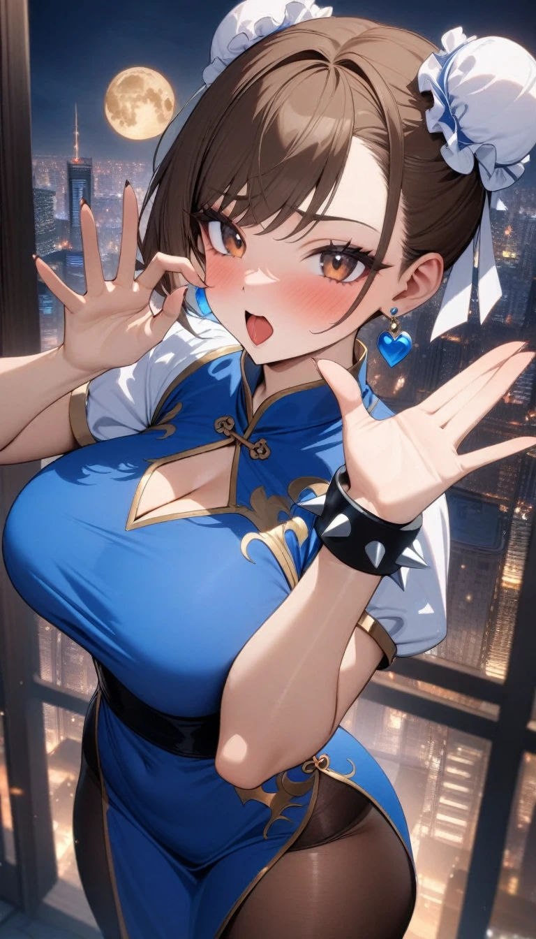 masterpiece, best quality, very aesthetic, absurdres, newest,1girl,upper body,,open_mouth,fellatio_gesture,FellatioGesture,heart-shaped eyes,,Chun_li(street_fighter),1girl,bracelet, brown_eyes, brown_hair, bun_cover, blue china_dress, chinese_clothes, double_bun, dress, earrings, hair_bun, jewelry, pantyhose, puffy_short_sleeves, puffy_sleeves, short_hair, short_sleeves, spiked_bracelet, spikes, swept_bangs, thick_thighs, thighs,large_breasts,cityscape, leaf, moon, night, night_sky, outdoors, sky, skyscraper,