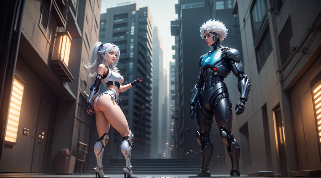 Photorealistic, woman in skimpy underwear (lace, full cyborg suit: 1.55) (body turned towards viewer: 1.2), (head turned to the left: 1.8), (legs crossed: 1.4), white hair, cyborg, robot parts, beautiful detailed body and face, amorans, 2049, Japan girl at , cute, juvenile, sexual, sigh, Inviting, Afrofuturistic, Made in Maya, Samyan, 2070, Cyborg, Robot Parts, Beautiful Studio Soft Lights, Rim Lights, Vivid Details, Gorgeous Cyberpunk, Lacing, Hyper-Realistic, Anatomical, Facial Muscles, Cable Electrical Wires, Microchip, Elegant, Beautiful Backgrounds, Octane Rendering, 8K, Top Quality, Masterpiece, Illustration Very delicate and beautiful, highly detailed CG, unity, wallpaper, (realistic, photorealistic: 1.37), amazing, fine details, masterpiece, top quality, official art, highly detailed CG Unity 8k wallpaper, absurd, incredibly absurd, robot, silver halmet, (full body: 1.4), standing, (nsfw: 1.2), sticking out ass, Beautiful line cyberpunk cityscape with big buttocks and thin constriction, city with neon lights in the background, surprisingly detailed face