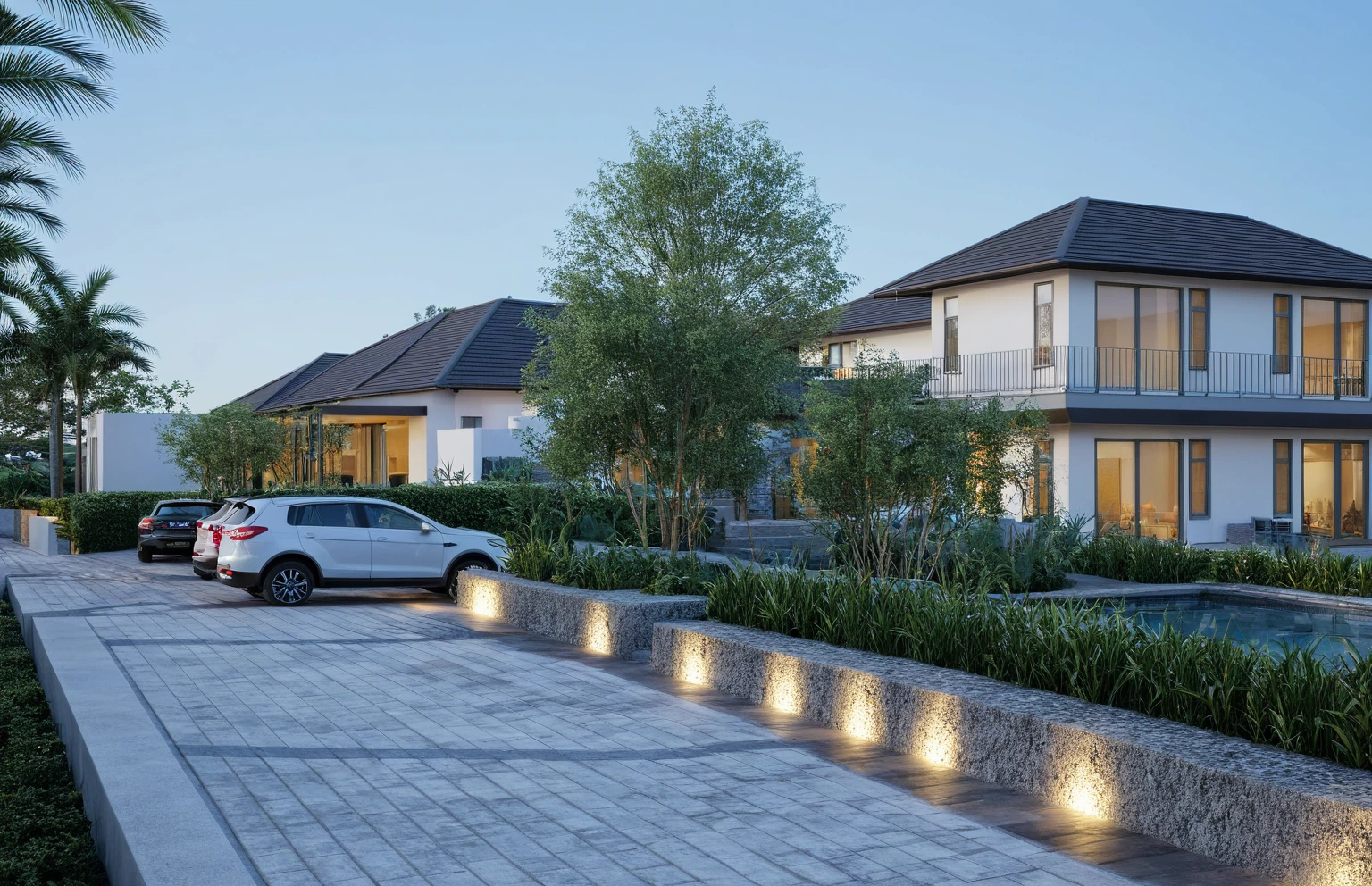 townhouse, (modern style:1.2), exterior design, perspective view, (white wall:1.3), (block sidewalks and asphalt roads), (day sky background), Low trees around the house, (the house next door is lower than the subject designer's house), (mid day), (Neutral lighting is suitable for the townhouse, light color thermometer lighting), (architectural design visualization), (reflection), (focus on object), (material normal bump real reflection), (scattered light), (light ray), (multi-beam light), (sunbeam) (multi-level reflection), (chao vantage software visualization render),(((Best Quality))), ((Masterpiece)), ((best illustration)), ((best shadows)), ((Super Detail)), (Intricate lines), (Photorealism),(hyper detail), ((archdaily)), ((award winning design)), (dynamic light), ((day)), spotlight, (perfect light), (shimering light), ((photorealistic)), ((intricate detail)), ((extreme detail)), ((crazy detail)), ((octane render)), ((trending on artstation)), ((High-fidelity)), ((Viwvid)), ((Crisp)), ((Bright)), ((Stunning)), ((Eye-catching)), ((High-quality)),((Sharp))((Bright)), ((Stunning)), ((natural sun environment)), ((Eye-catching)), ((Illuminating)), ((Flawless)), ((High-quality)),((Sharp edge render)), ((medium soft lighting)), ((photographic render)), ((detailed archviz)), ((reality environment)), (modern townhouse design architectural design facade), (modern townhouse facade roof design), (modern townhouse facade wall design), (modern townhouse facade decoration material design) (townhouse facade door and window design modern), (environmental lighting design), (modern townhouse facade lighting design), (modern townhouse front gate and fence design), (Design lights for gate posts and fences), (townhouse facade railing design), (level of photo realism, depends on lighting, materials, composition, Real-Time Rendering, based on chao vantage timage rendering graphics software)