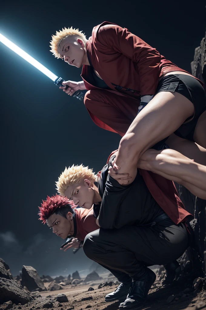 Create an image of gojo and sukuna (jujutsu kaisen anime characters) battling to the death on the dark continent