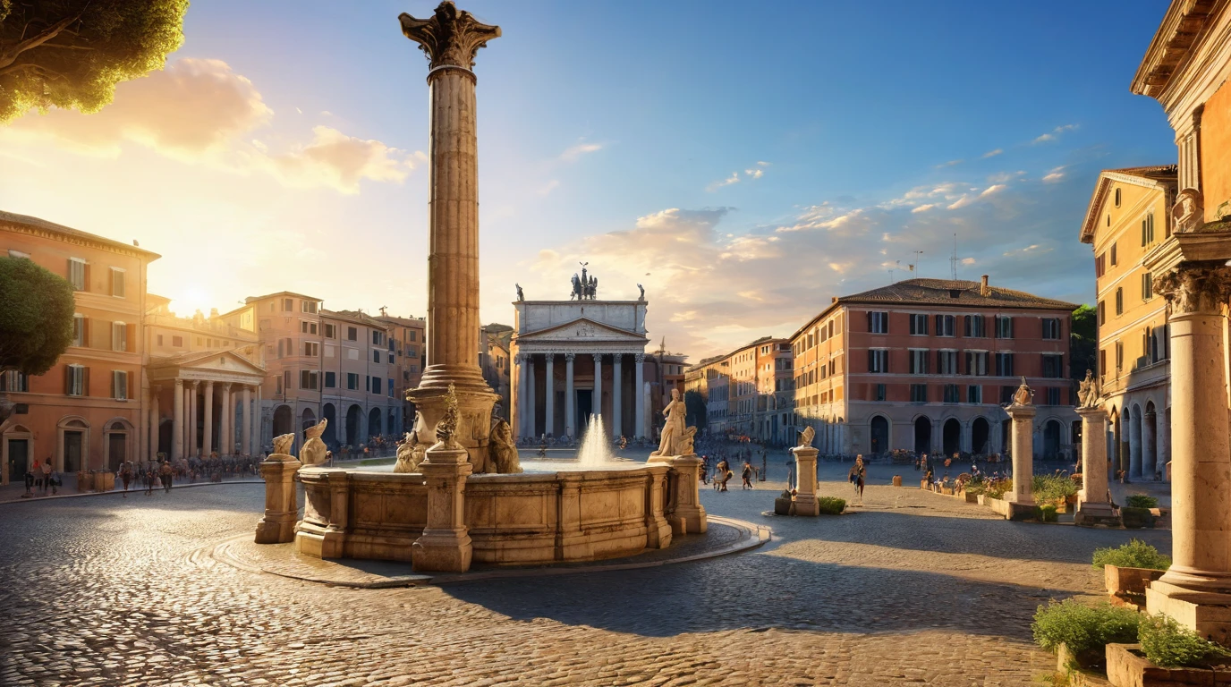 1girl,Rome landmark,detailed architecture,ancient Roman ruins,Roman column,marble statue,Roman fountain,historic city,medieval town,cobblestone street,beautiful landscape,detailed sky,golden hour lighting,vibrant colors,(best quality,8k,highres,masterpiece:1.2),ultra-detailed,(realistic,photorealistic,photo-realistic:1.37),cinematic composition,professional photography