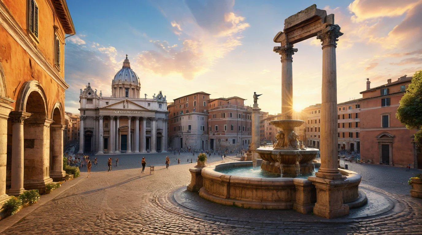 1girl,Rome landmark,detailed architecture,ancient Roman ruins,Roman column,marble statue,Roman fountain,historic city,medieval town,cobblestone street,beautiful landscape,detailed sky,golden hour lighting,vibrant colors,(best quality,8k,highres,masterpiece:1.2),ultra-detailed,(realistic,photorealistic,photo-realistic:1.37),cinematic composition,professional photography