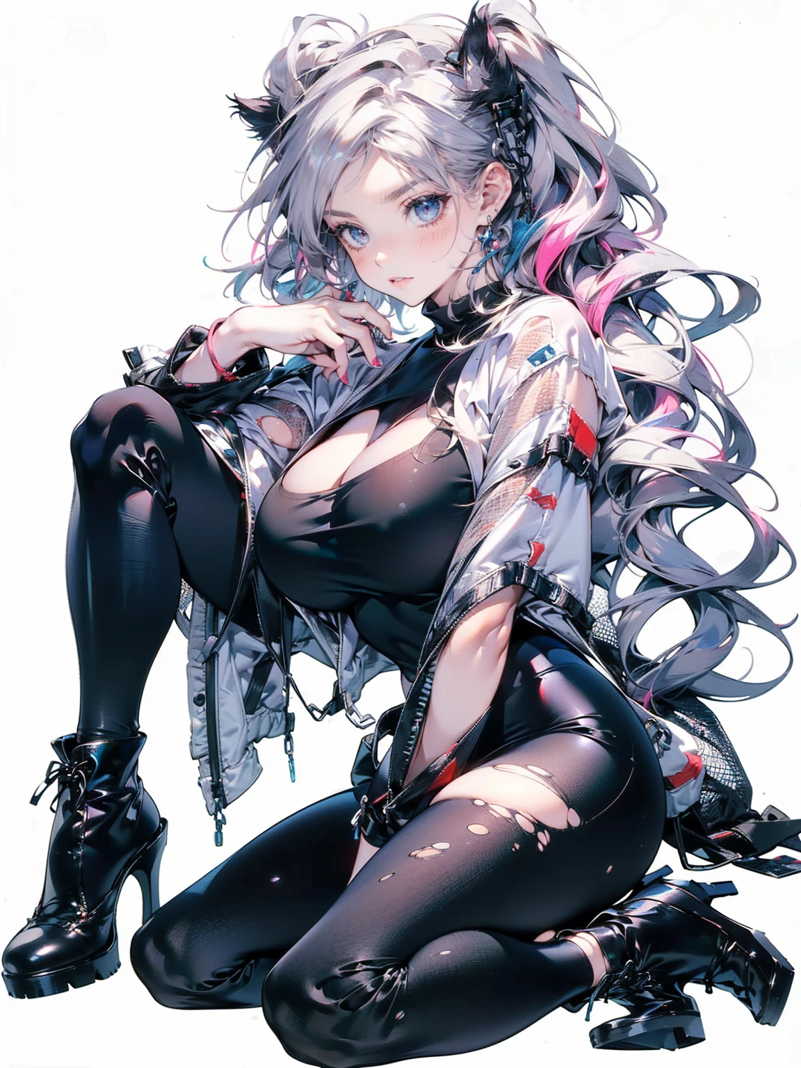 (((unique look:1.5, The eyes of famous artists, Unique Fashion)))、Pink Hair　(White Hair Girl), (Thick, dark blue eyebrows:1.4), (Dark blue eyebrows:1.7), (Thick eyebrows:1.3), (Huge black fluffy animal ears:1.1), (Black animal ears:1.1), break, (((Mesh Stitching Crop T-Shirt, Cutout Long Sleeve Top))),break, (Big Breasts:1.2, Thick legs, Adult female body, Sturdy body:1.5), ((Relax in the great outdoors:1.5)), (sharp eyes, Ultra-high definition CG, Precisely designed costumes, 4K, 8K, Ultra-high definition CG, Precisely designed costumes, Clear lines, Expressive and Captivating Eyes, Fine Details and Realistic Textures, cinematic lighting), ((white background)), break, (Wearing black leggings with holes), Skinny sleeves, (Torn and holey leggings:1.2)(Black leggings:1.4), (Punkish Boots:1.2), (Thick sole:1.5), (Big shoes:1.3), ((unique look:1.5, The eyes of famous artists))　
