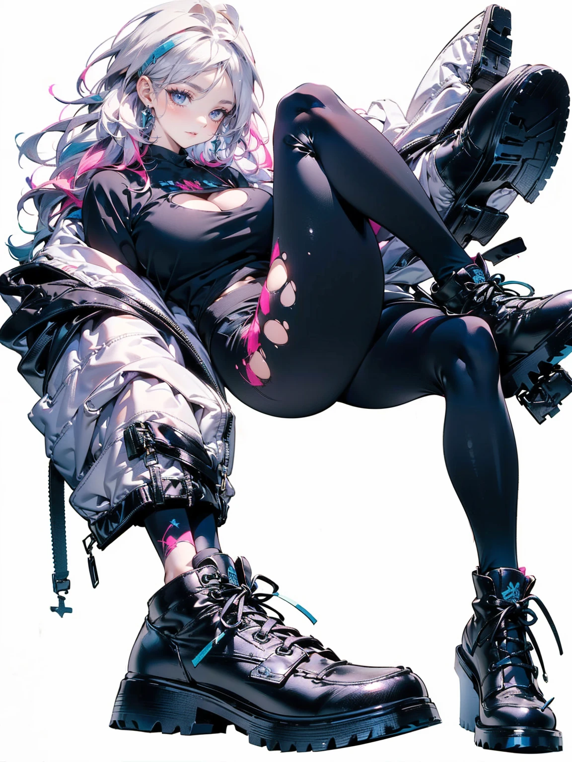 (((unique look:1.5, The eyes of famous artists, Unique Fashion)))、Pink Hair (White Hair Girl), (Thick, dark blue eyebrows:1.4), (Dark blue eyebrows:1.7), (Thick eyebrows:1.3), (Huge black fluffy animal ears:1.1), (Black animal ears:1.1), break, (((Mesh Stitching Crop T-Shirt, Cutout Long Sleeve Top))),break, (Big Breasts:1.2, Thick legs, Adult female body, Sturdy body:1.5), ((Relax in the great outdoors:1.5)), (sharp eyes, Ultra-high definition CG, Precisely designed costumes, 4K, 8K, Ultra-high definition CG, Precisely designed costumes, Clear lines, Expressive and Captivating Eyes, Fine Details and Realistic Textures, cinematic lighting), ((white background)), break, (Wearing black leggings with holes), Skinny sleeves, (Torn and holey leggings:1.2)(Black leggings:1.4), (Punkish Boots:1.2), (Thick sole:1.5), (Big shoes:1.3), ((unique look:1.5, The eyes of famous artists))