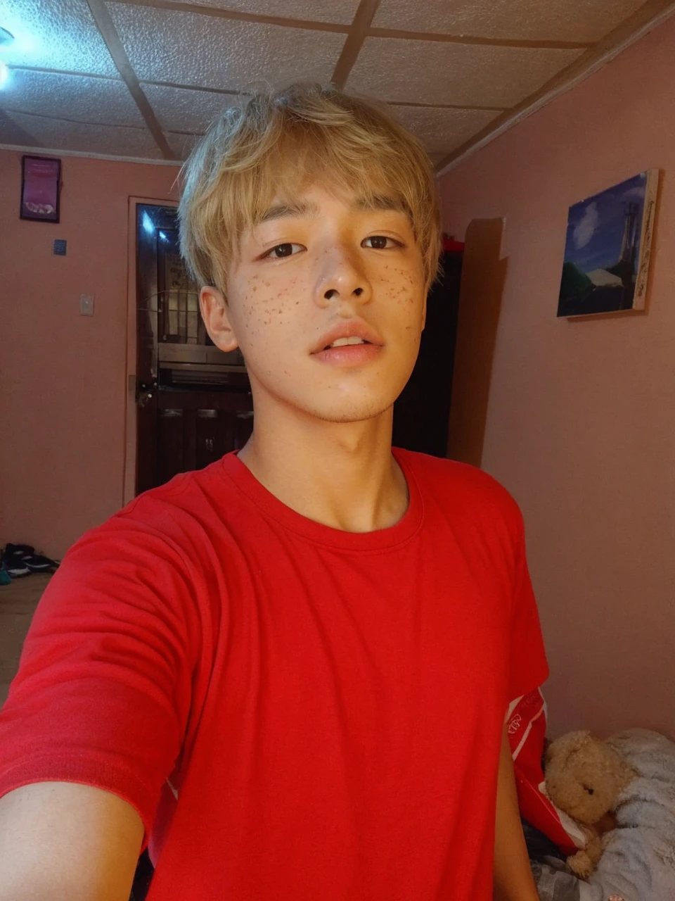 korean face young boy cute with freckles looking to the camera
