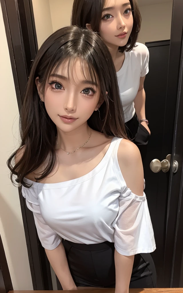 Short girl and black guy, A girl in an oversized plain white T-shirt、No underwear、Seducing viewers while watching them from the front door, View from below, Healthy Thighs,
change, , (NTR face:1.6, 困った顔:1.2), Off the shoulder, Short sleeve, black tanned skin, Saucy, blush,
Black guy puts his hand on girl's shoulder,
An absurd solution, Super detailed, masterpiece、Highest quality, Cute illustrations,