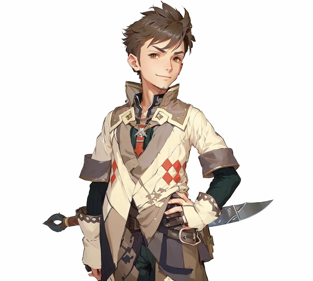 a close-up of a male person with a sword and a jacket, short brown hair, smile, Art style of Rune Factory 5, official character art, Guilty Gear Art Style, Jrpg-Charakterkunst, cushart krenz key art, ( ( Concept art for characters ) ), 2 d sprite, human, detailed anime character art