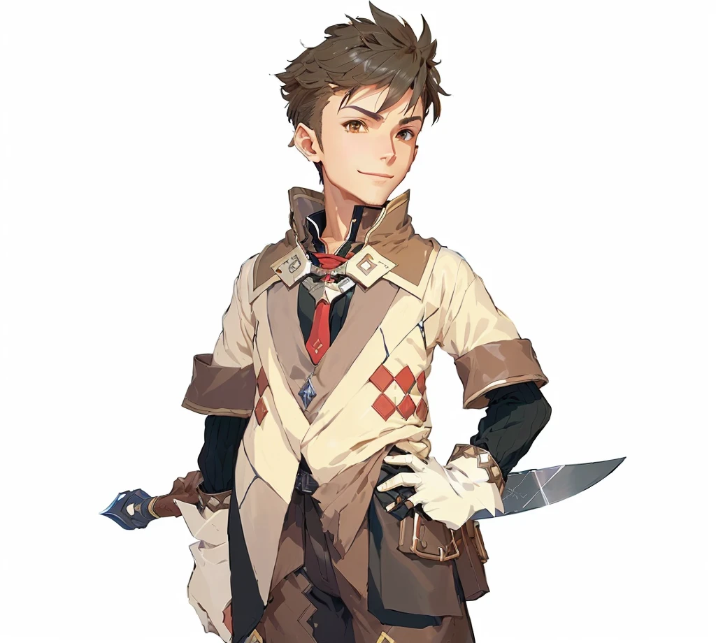 a close-up of a male person with a sword and a jacket, short brown hair, smile, Art style of Rune Factory 5, official character art, Guilty Gear Art Style, Jrpg-Charakterkunst, cushart krenz key art, ( ( Concept art for characters ) ), 2 d sprite, human, detailed anime character art