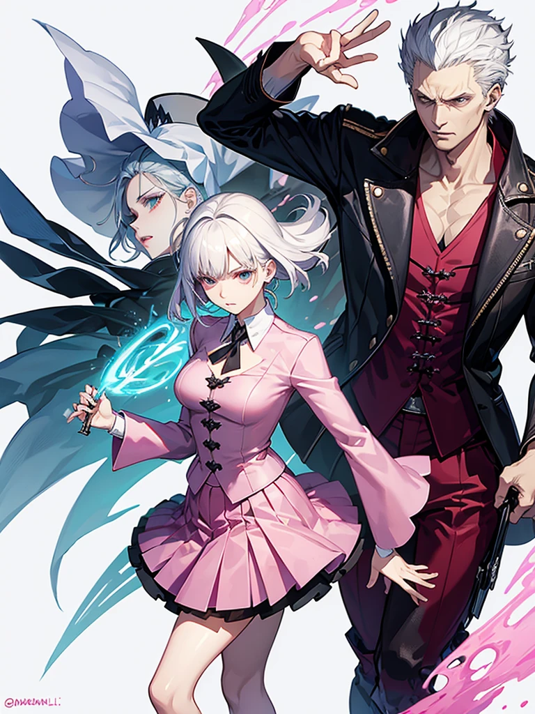 Vergil from devil may cry Wearing a pink skirt with high heels With a dissatisfied face