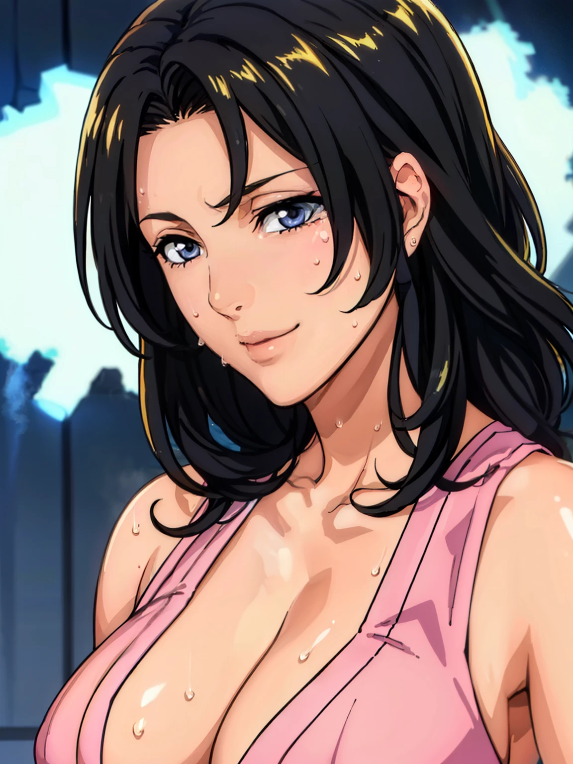 (Highest quality:1.3),One Girl,Korean,Bursting Busty,Cleavage,Long Hair,Straight hair,Black-haired,Skin-tight clothing,sweating,Sweaty,Sweaty,Shiny skin,Erotic Smile