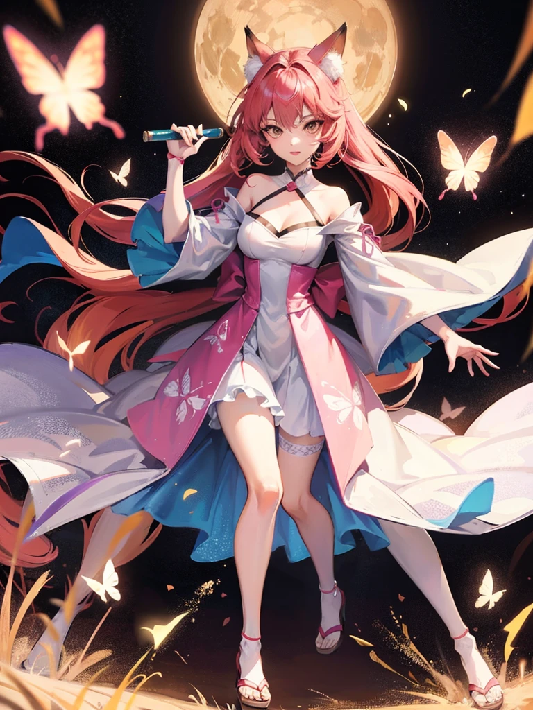a full body anime fox girl with butterfly designs and a beautiful dress detailed