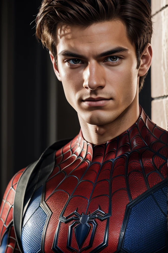 A photograph of spider man, no mask, 20 yo, handsome, detailed face, looking at camera, portrait, 8k uhd, high quality