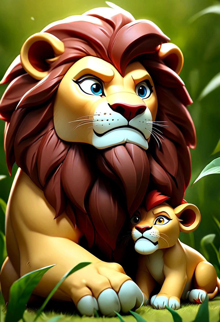 ((work of art, maximum quality, high resolution)), ((highly detailed 8K unified CG wallpaper)), Fotografia de animais, there is a Lion and a Lion cub playing together in the grass, proud look, Lions, King of the jungle, to celebrate, paternal, wonderful beauty, with the mane of a Lion, father with , Lion, Fotografia de animais, Pose Real, Guy looking, majestic pose, mighty, handsome man,