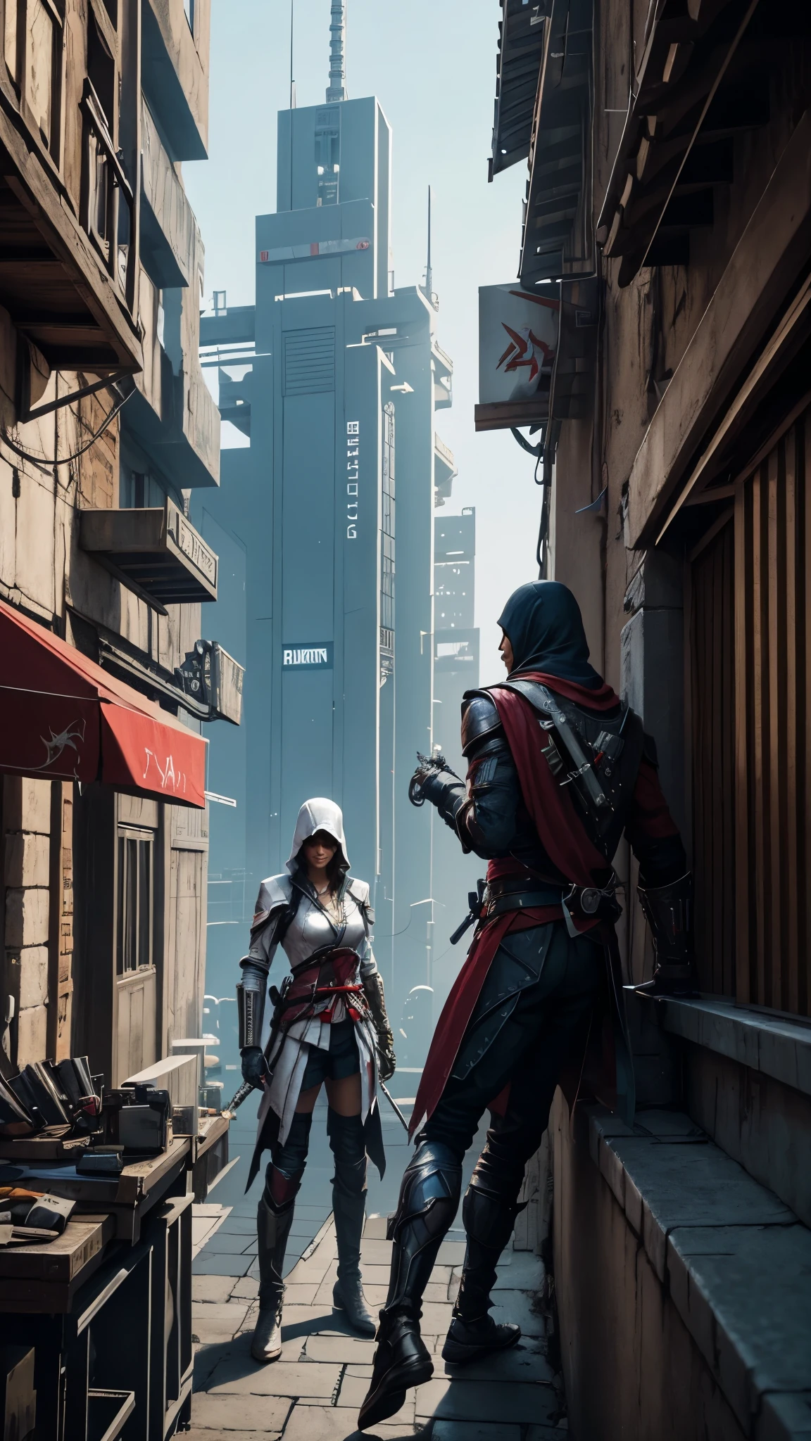 Two Cyberpunk Assassin's Creed Holding a sword, Climb on the rafters on the wall on the restaurant street on a modern street. Robots work everywhere. Modern weapons. Modern red suit. Electronic city. Modern weapons. White suit. Hold the blade.Metal robot arm.
Hold gun.