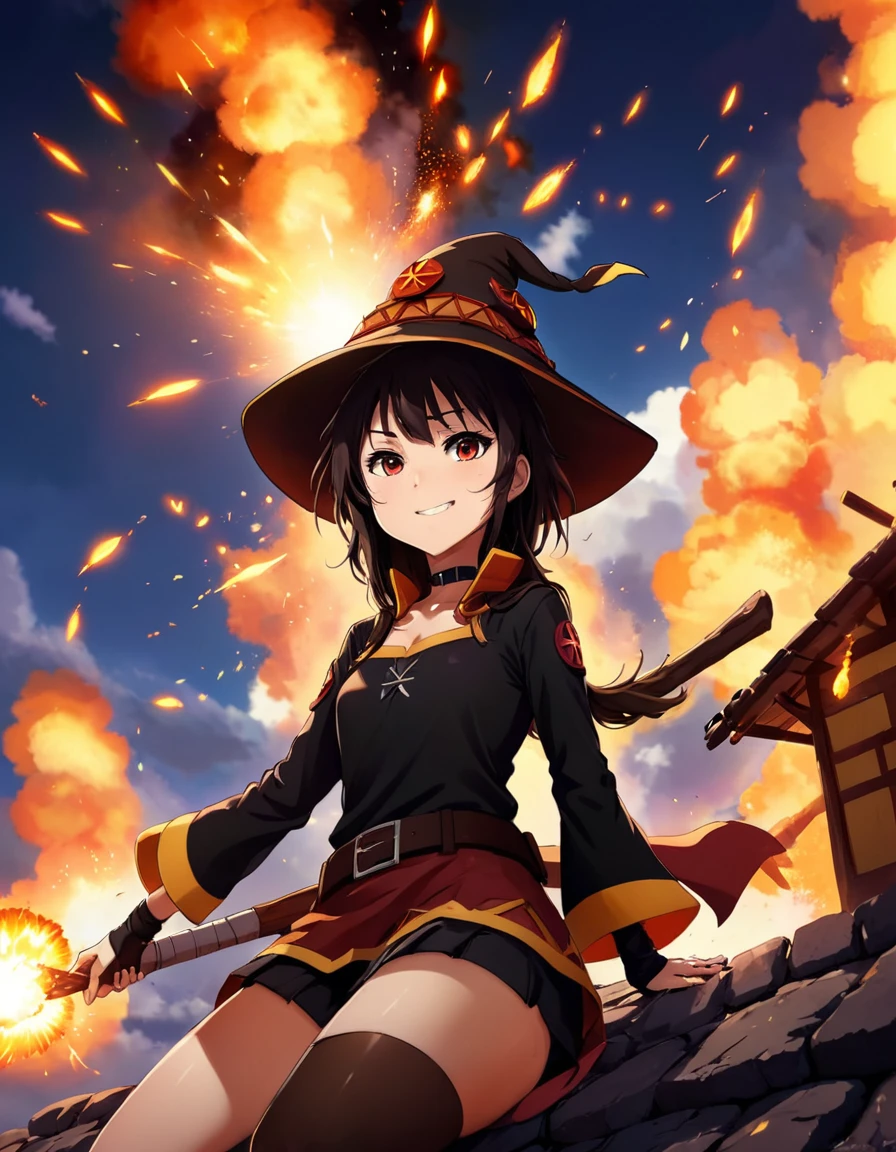 Quiet, Relaxing atmosphere 1girl megumin from konosuba, cloack, Smileyhut, explosion,
 ZIP2D , calming style, calming colors, peaceful, idealistic, Quiet, Relaxing atmosphere