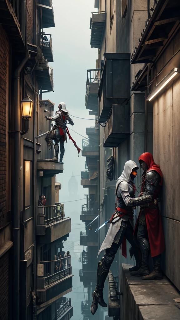 Two Cyberpunk Assassin's Creed Holding a sword, Climb on the rafters on the wall on the restaurant street on a modern street. Robots work everywhere. Modern weapons. Modern red suit. Electronic city. Modern weapons. White suit. Hold the blade.Metal robot arm.
Hold gun.