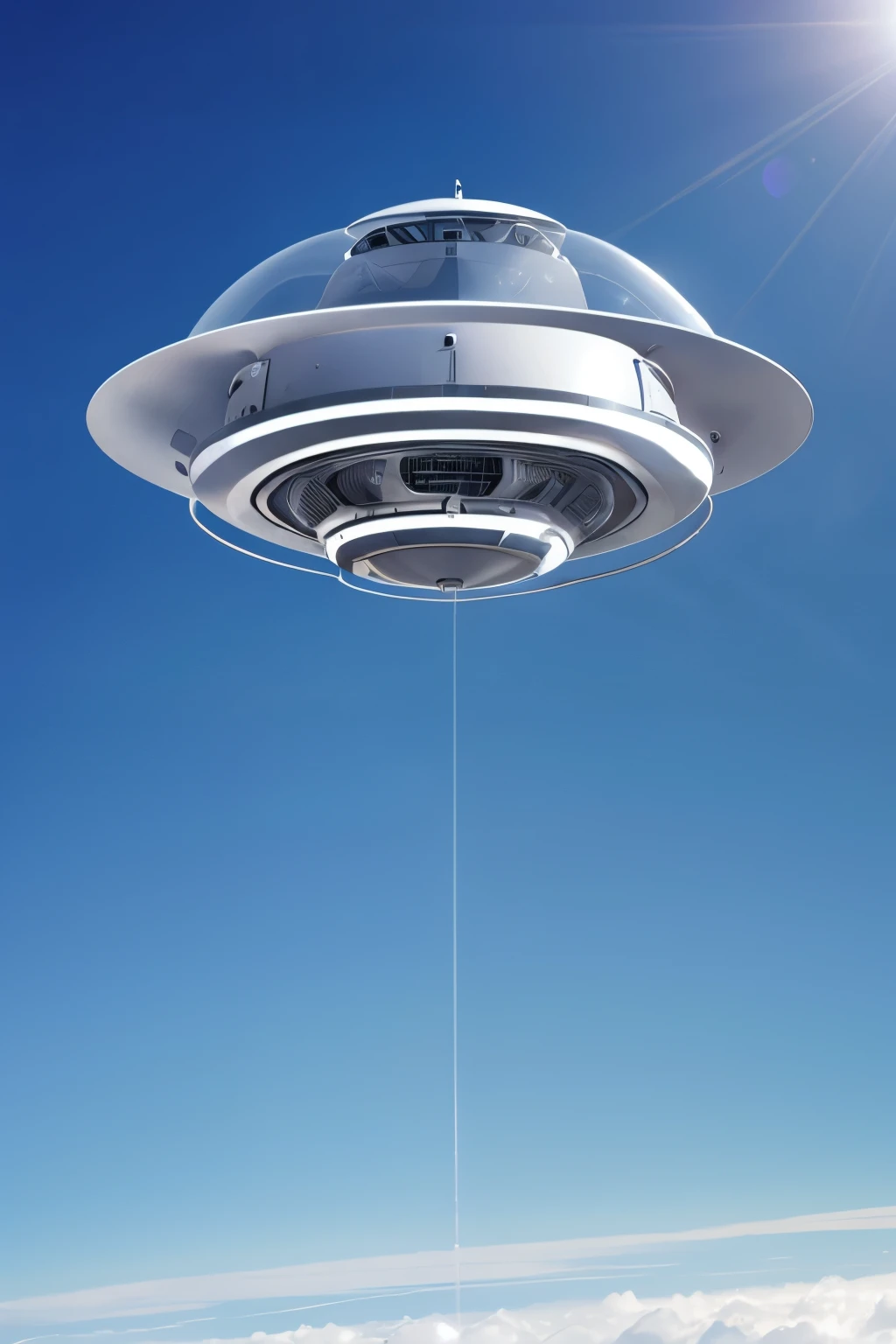 Design a futuristic, silver UFO hovering in a clear blue daytime sky.