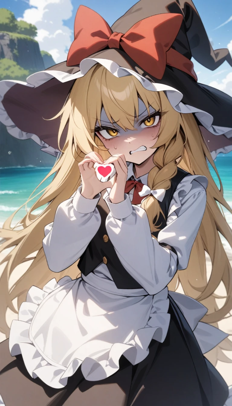 masterpiece, best quality, very aesthetic, absurdres, newest,1girl,upper body, (contempt, disgust,shaded face,looking at viewer,frown),heart-shaped gesture,,kirisame_marisa, touhou, apron, black_hat, black_skirt, black_vest, blonde_hair,  bow, braid, cowboy_shot, day, eyelashes, frilled_apron, frills, grin, hair_between_eyes, hair_bow, hand_up, hat, hat_bow, long_hair, long_sleeves, puffy_long_sleeves, puffy_sleeves, red_bow, shirt, sidelocks, single_braid, skirt, tsurime, very_long_hair, vest, waist_apron, white_apron, white_bow, white_shirt, witch_hat, yellow_eyes,in a island