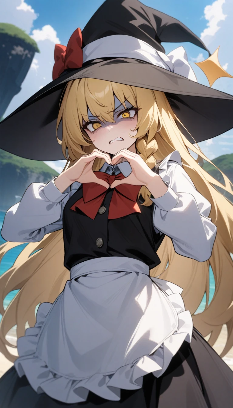 masterpiece, best quality, very aesthetic, absurdres, newest,1girl,upper body, (contempt, disgust,shaded face,looking at viewer,frown),heart-shaped gesture,,kirisame_marisa, touhou, apron, black_hat, black_skirt, black_vest, blonde_hair,  bow, braid, cowboy_shot, day, eyelashes, frilled_apron, frills, grin, hair_between_eyes, hair_bow, hand_up, hat, hat_bow, long_hair, long_sleeves, puffy_long_sleeves, puffy_sleeves, red_bow, shirt, sidelocks, single_braid, skirt, tsurime, very_long_hair, vest, waist_apron, white_apron, white_bow, white_shirt, witch_hat, yellow_eyes,in a island